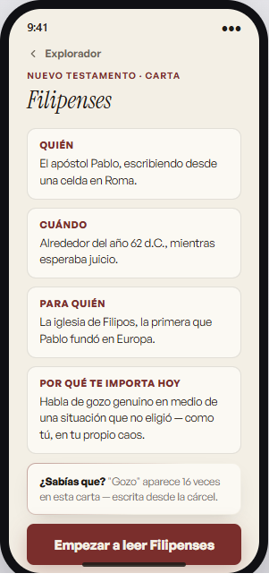 El Explorador de libros mostrando el contexto de Filipenses: quién lo escribió, cuándo, para quién y por qué importa hoy
